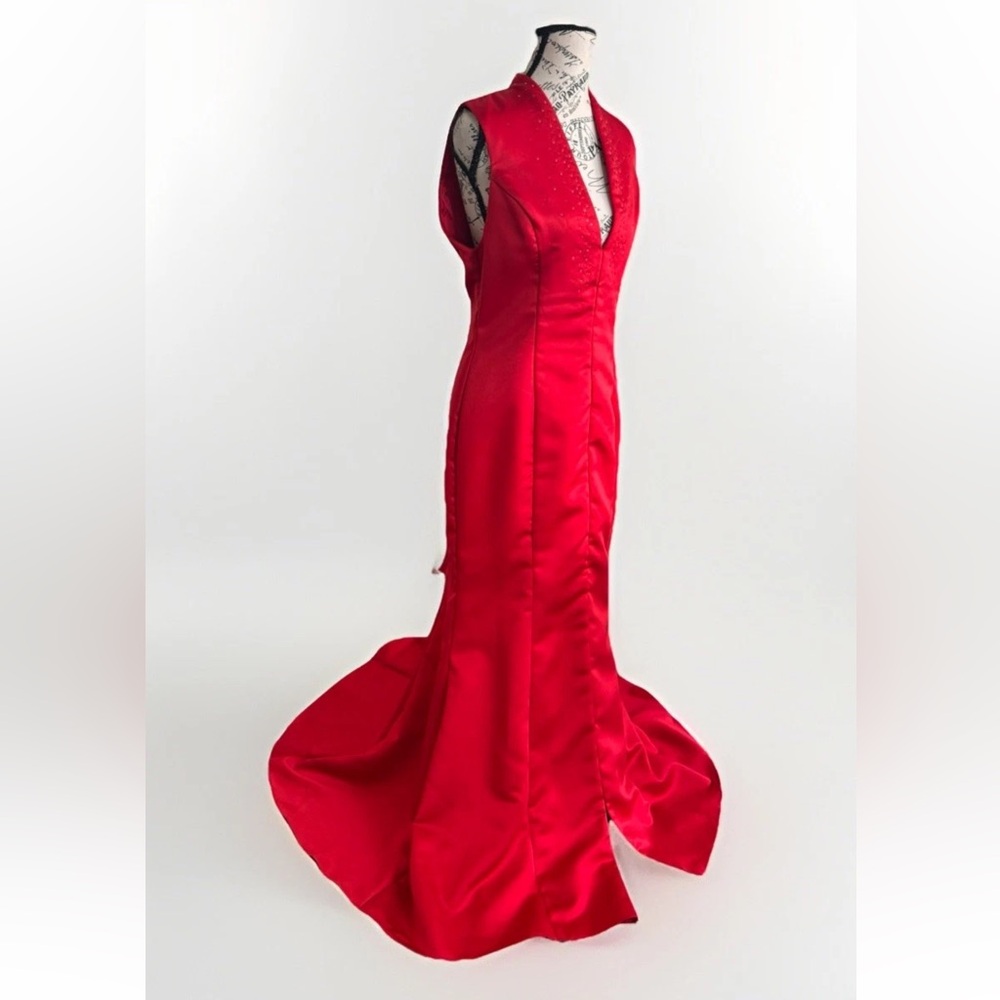 vintage jessica mcclintock red v neck sleeveless rhinestone slit mermaid dresl